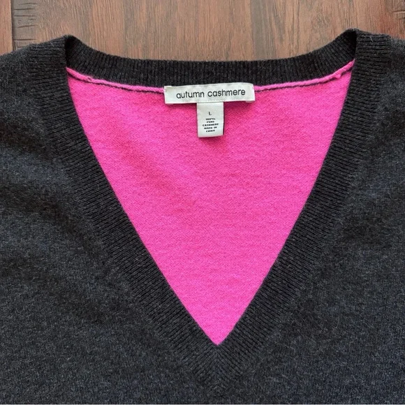 Autumn Cashmere 100% Cashmere Colorblock Sweater L Pink Grey Fuzzy Soft Luxury - Picture 6 of 16